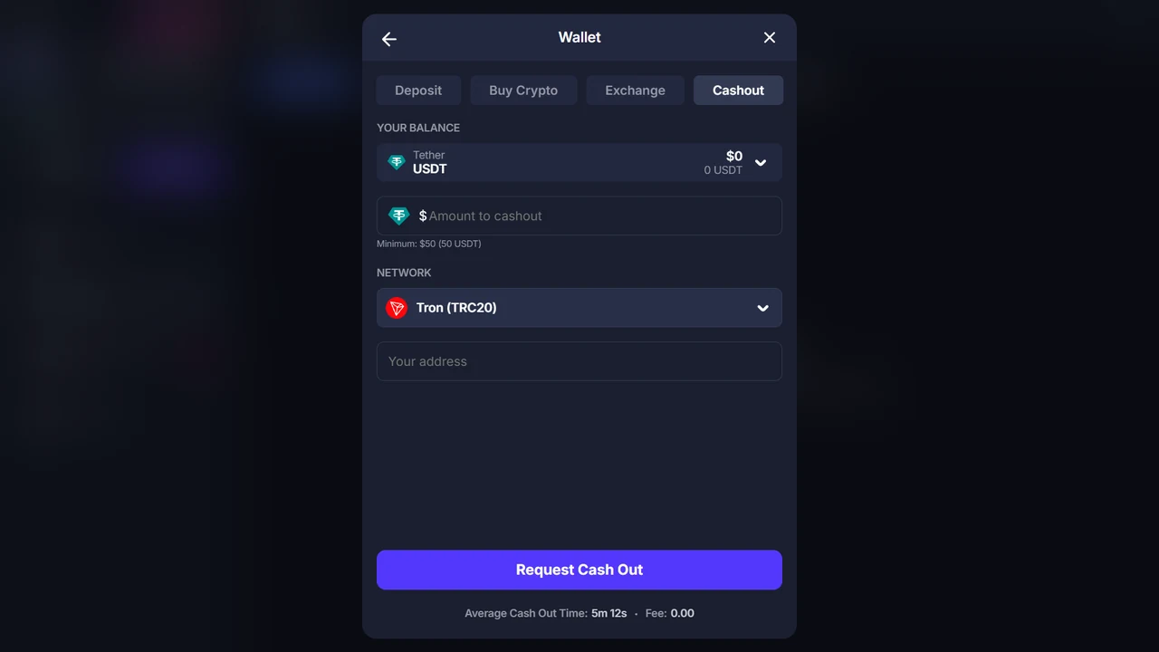 BitStarz USDT cashout screen from our account showing the current minimum, displayed fee and interface average