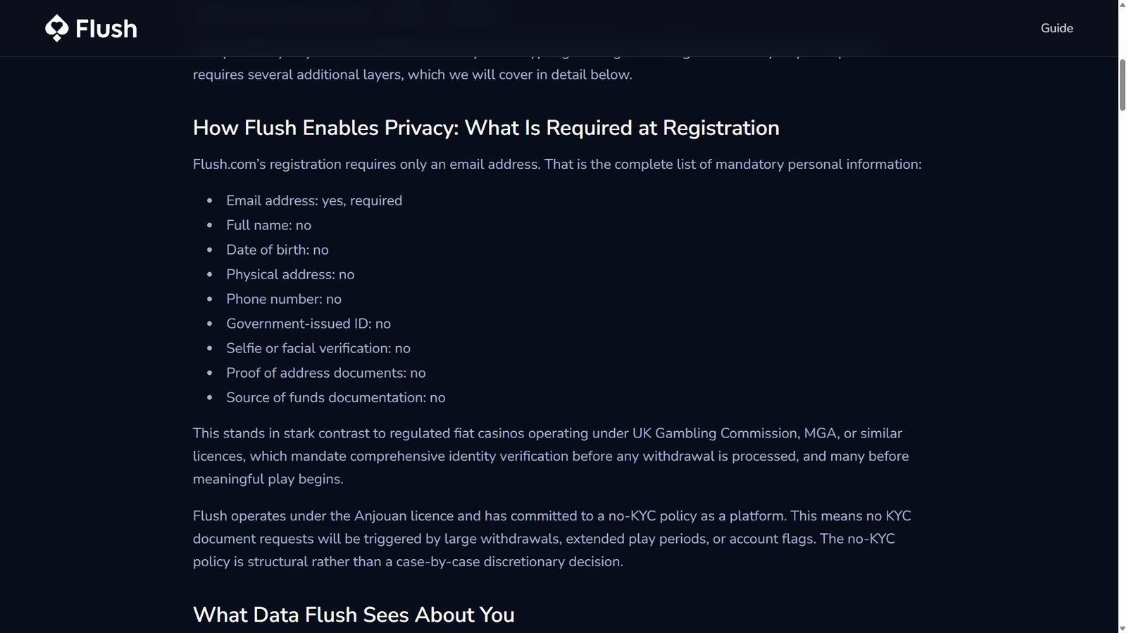Flush public no-KYC marketing page captured for our review
