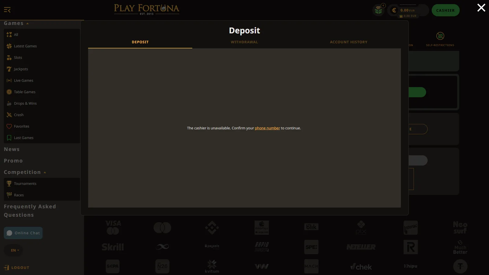 Play Fortuna deposit screen showing that the cashier is unavailable until phone-number confirmation