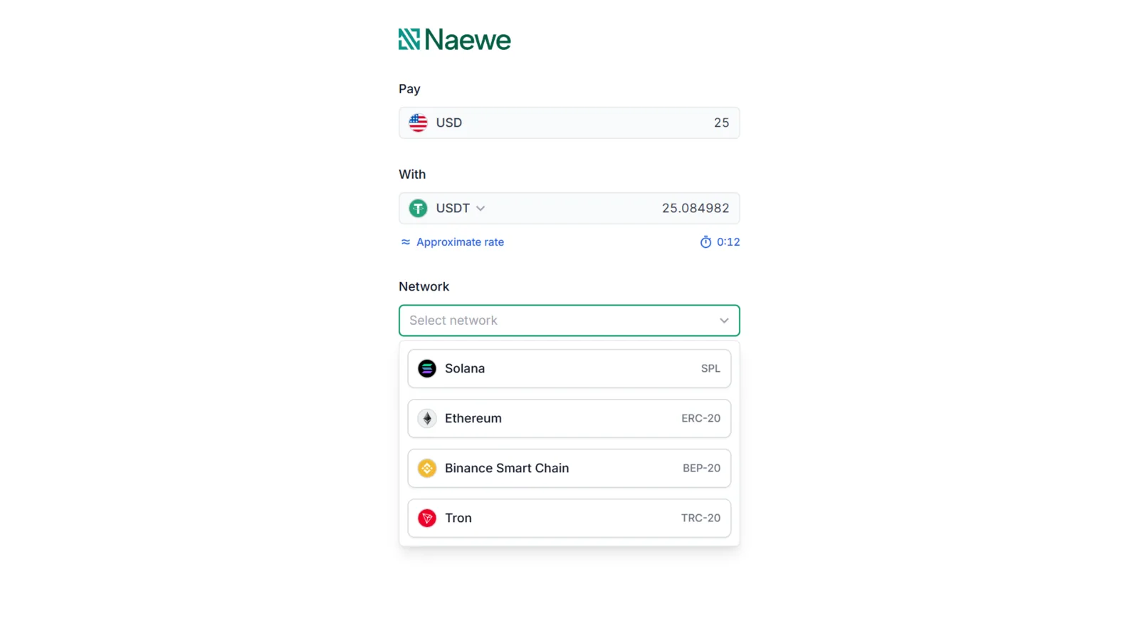 Sweetsino USDT checkout showing SPL ERC-20 BEP-20 and TRC-20 network options