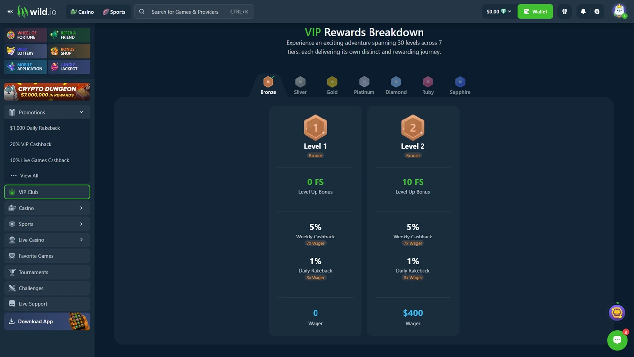 Wild.io VIP Club in our logged-in account showing 30 levels and the starting Level 1 rewards